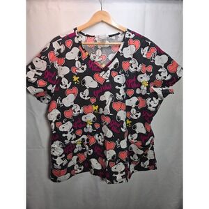 Peanuts Good Vibes Snoopy Scrub Top Extra Large Short Sleeve Black Red Hearts